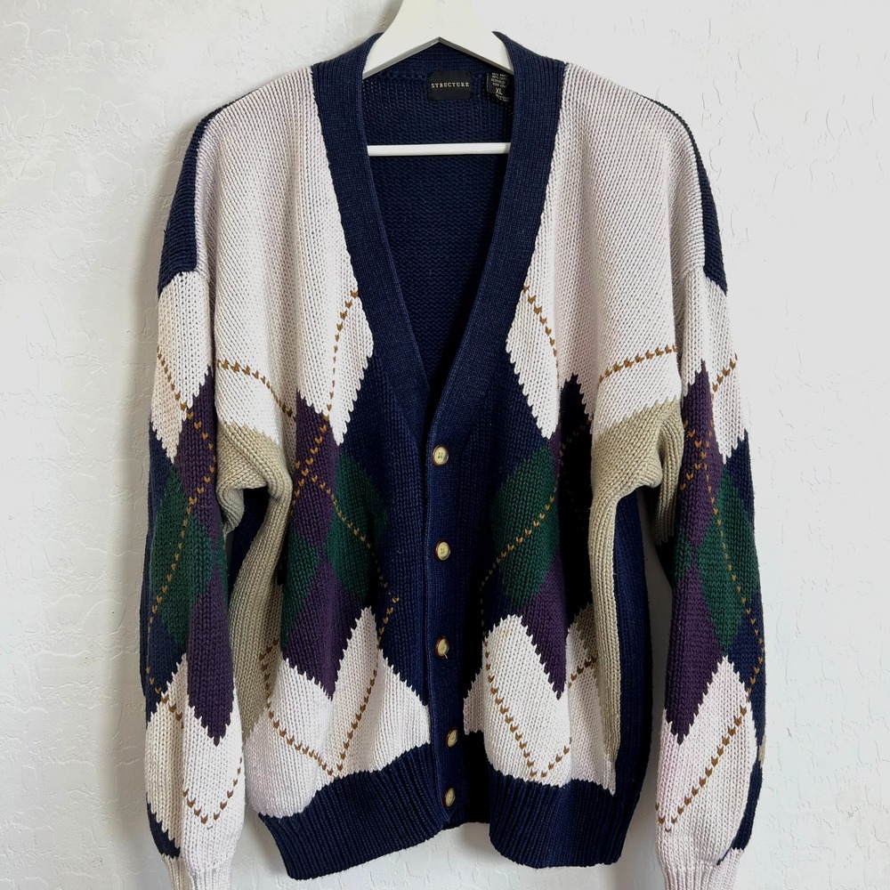 Vintage Structure KNIT Grandpa Cardigan Sweater Mens Grunge Argyle academia - XL
